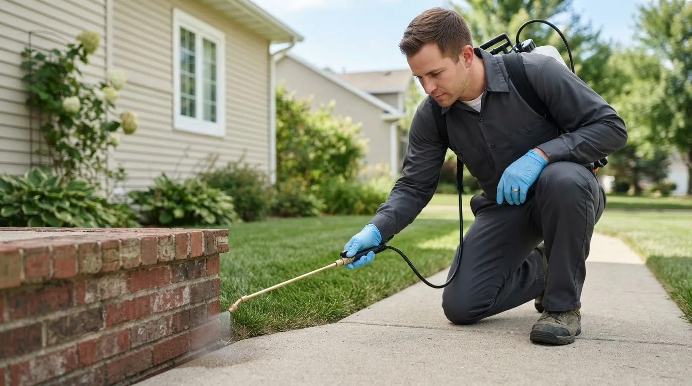 Pest control technician treating a home near Seligman, MO